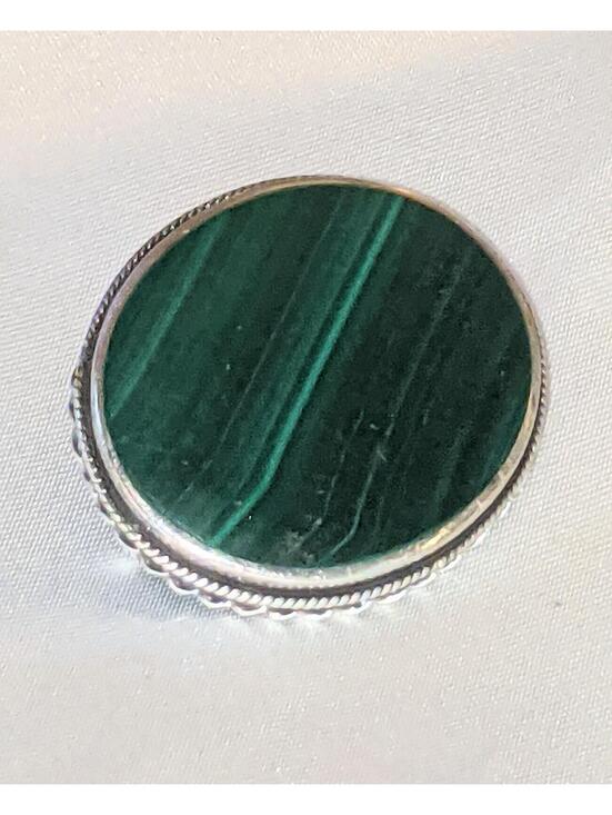 Estate Jewelry - Vintage Natural Malachite Stone Brooch Pin Oval Shaped Sterling Silver 11.25g
